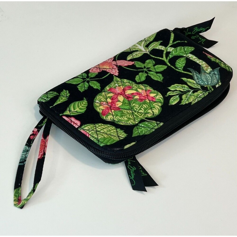 Vera Bradley Zip around wallet botanical black + pink and blue flowers + green